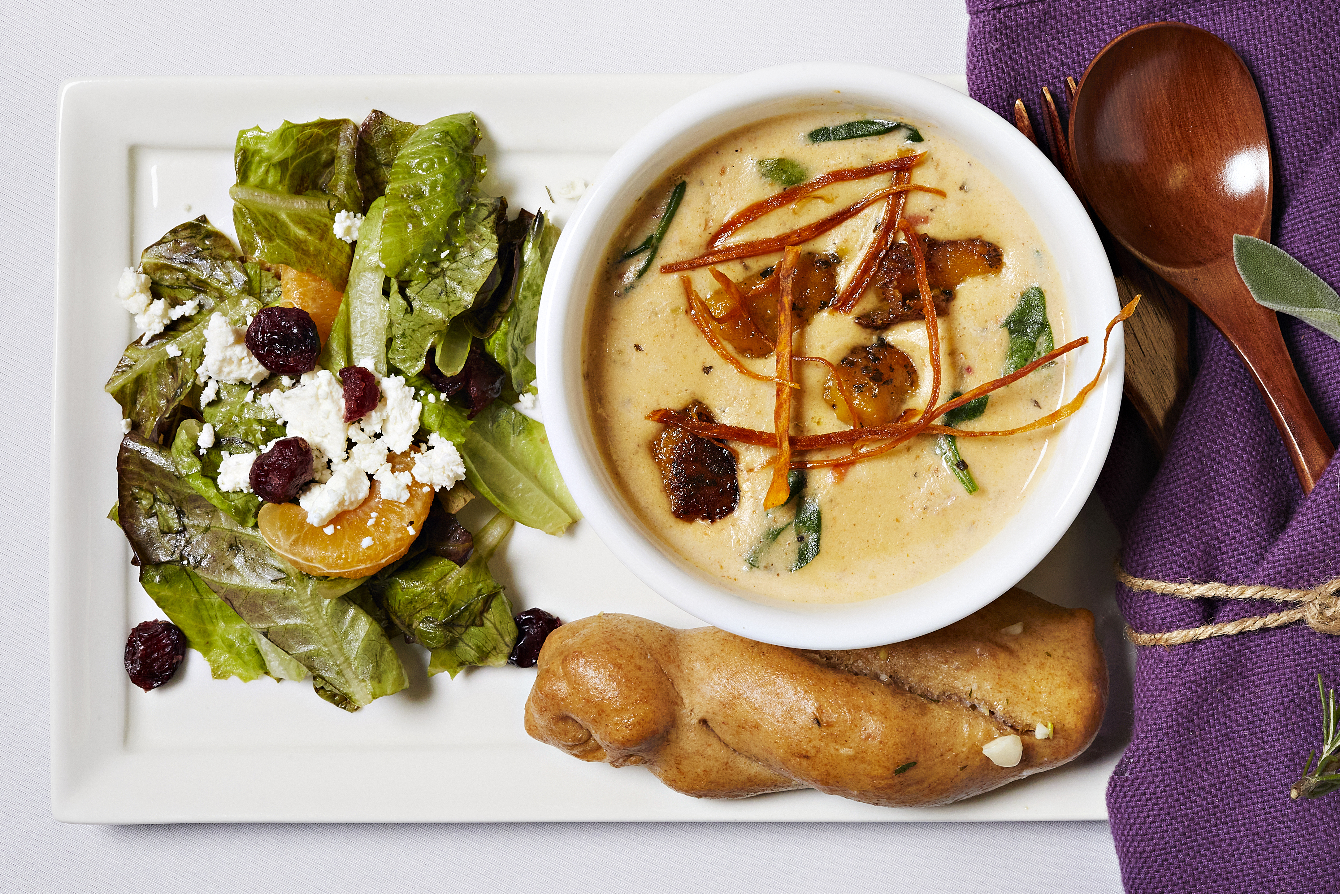 The winning recipe: "Creamy Dreamy" Gnocchi Soup, Garlic Bread Soup Dippers, and a Zesty Sunshine Salad. (photo courtesy: Real Food for Kids)