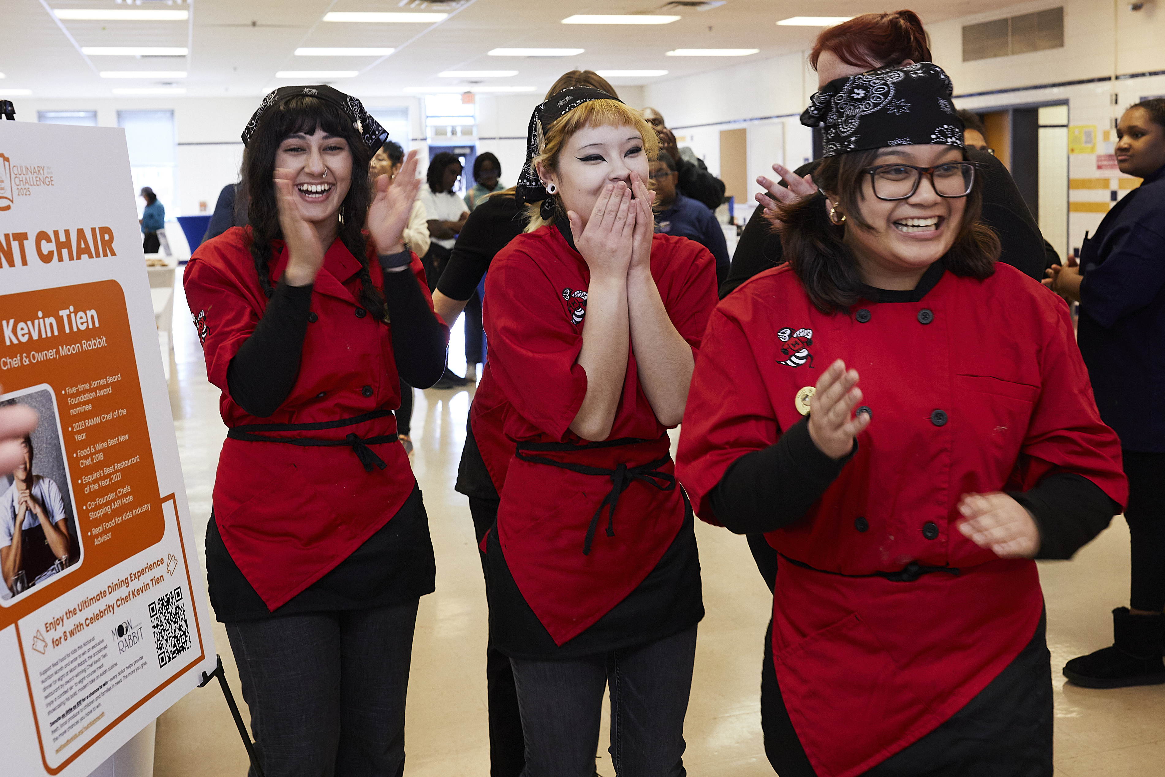 Syeda Fazeen Rizvi, Sidney Ide, and Clarissa Dantes react after learning they won the Real Food for Kids Culinary Challenge (photo courtesy: Real Food for Kids)