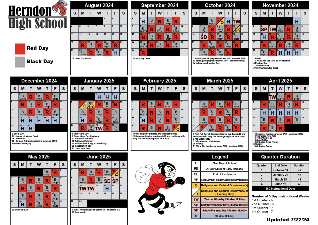 Red and Black Day Rotation Calendar 2024-25 School Year