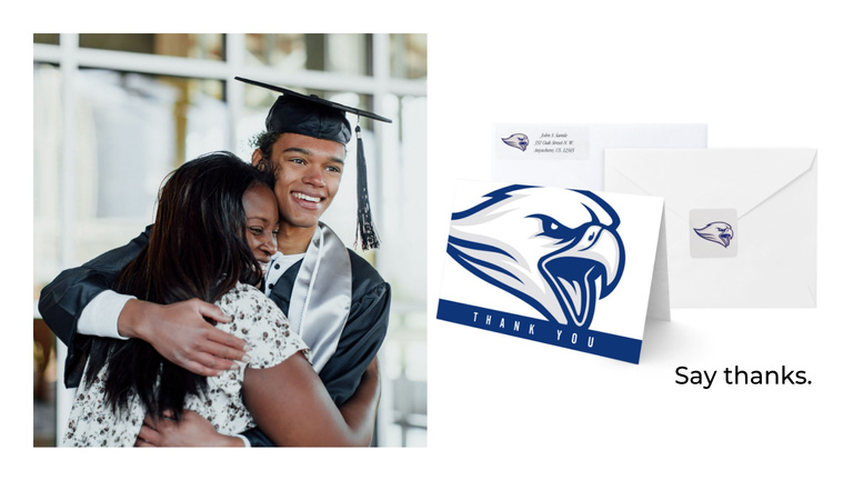 Young man in a graduation gown hugging a woman next to a thank you card and envelope set with the text "Say Thanks"