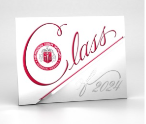 Graduation announcement card with Class of 2024 in script with the Herndon HS Seal